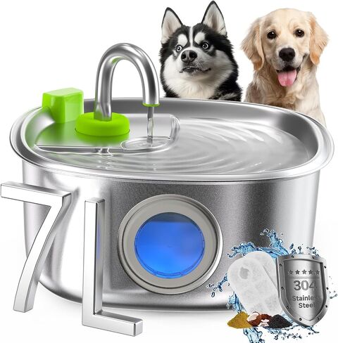 Dog Water Fountain Stainless Steel, 7L/1.85Gal/236oz Automatic Dog Water Dispenser with Water Level Window Ultra-Quiet Pet Water Fountain for Large Dogs and Cat Indoor, Multi-Filtration System in Saudi Arabia