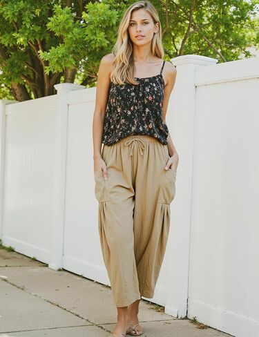 Women Linen Pants Wide Leg Boho Pants Loose Lightweigt Beach Palazzo Harem Pants with Pockets in Kuwait