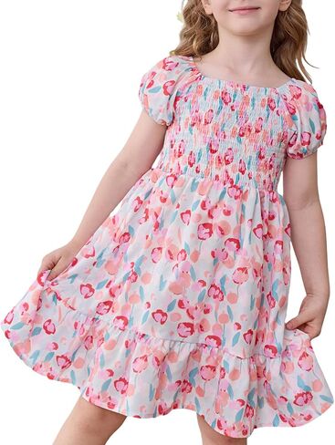 Little Bitty Toddler Girls Dress Square Neck Puff Sleeve A-Line Smocked Dresses Toddler Girls Summer Outfits 2-7 Years in Saudi Arabia