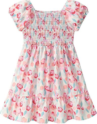 Little Bitty Toddler Girls Dress Square Neck Puff Sleeve A-Line Smocked Dresses Toddler Girls Summer Outfits 2-7 Years in Saudi Arabia
