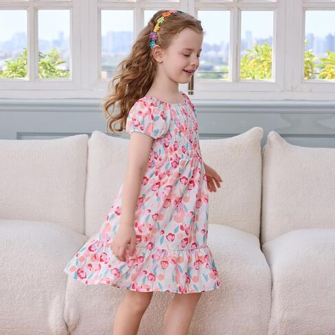 Little Bitty Toddler Girls Dress Square Neck Puff Sleeve A-Line Smocked Dresses Toddler Girls Summer Outfits 2-7 Years in Saudi Arabia