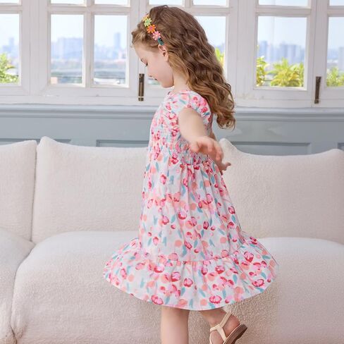Little Bitty Toddler Girls Dress Square Neck Puff Sleeve A-Line Smocked Dresses Toddler Girls Summer Outfits 2-7 Years in Saudi Arabia