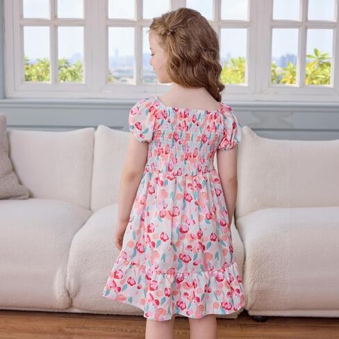 Little Bitty Toddler Girls Dress Square Neck Puff Sleeve A-Line Smocked Dresses Toddler Girls Summer Outfits 2-7 Years in Saudi Arabia