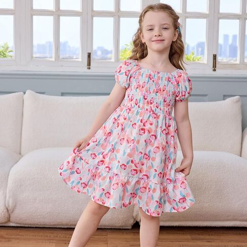 Little Bitty Toddler Girls Dress Square Neck Puff Sleeve A-Line Smocked Dresses Toddler Girls Summer Outfits 2-7 Years in Saudi Arabia