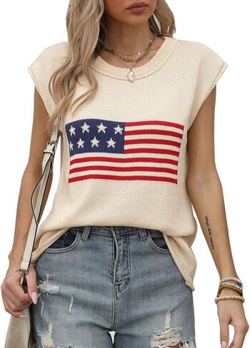 Womens American Flag Cap Sleeve Sweater Stest - Crewneck Crewneck Us Flag Trops tops pullover tank for summer in Saudi Arabia