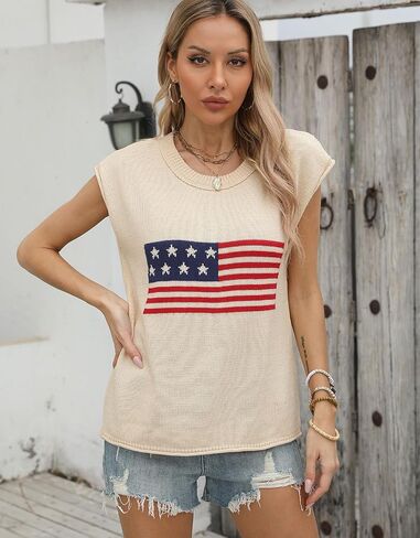 Womens American Flag Cap Sleeve Sweater Stest - Crewneck Crewneck Us Flag Trops tops pullover tank for summer in Saudi Arabia