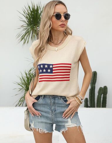 Womens American Flag Cap Sleeve Sweater Stest - Crewneck Crewneck Us Flag Trops tops pullover tank for summer in Saudi Arabia