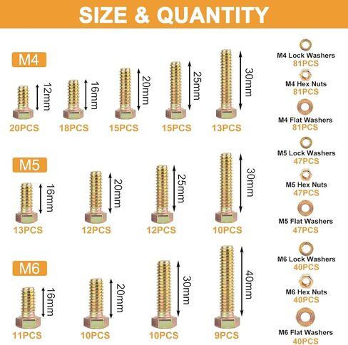 VIGRUE 1045PCS Grade 8.8 Metric Bolts and Nuts Assortment, M4 M5 M6 M8 M10 Bolt Assortment, Heavy Duty Zinc Plated, Length from 12mm - 30mm in Kuwait