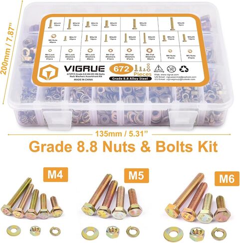 VIGRUE 1045PCS Grade 8.8 Metric Bolts and Nuts Assortment, M4 M5 M6 M8 M10 Bolt Assortment, Heavy Duty Zinc Plated, Length from 12mm - 30mm in Kuwait