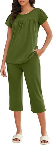 Ekouaer Capri Cotton Pajama يضع قمة قصيرة من الأكمام والسروال 2 قطعة نوم مع جيوب للنساء in Saudi Arabia