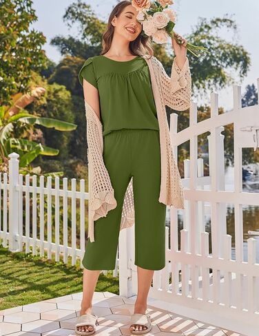 Ekouaer Capri Cotton Pajama يضع قمة قصيرة من الأكمام والسروال 2 قطعة نوم مع جيوب للنساء in Saudi Arabia