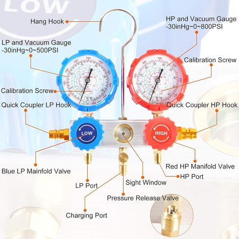 مجموعة مقياس Jifetor 3 Way AC ، أداة شحن HVAC التشخيصية للأسرة التلقائية R134A R404A R410A ، مقرن سريع للخرطوم القابل للتعديل يمكن أن ينقر على محول R410A (Mansold) in Kuwait