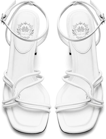 Pasuot Strappy Heels for Women - Open Square Toe Chunky Heeled Sandals Block Heel Ankle Buckle Strap Dress Shoes for Prom Party Wedding Black White Nude Not for Wide Feet in Kuwait