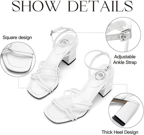 Pasuot Strappy Heels for Women - Open Square Toe Chunky Heeled Sandals Block Heel Ankle Buckle Strap Dress Shoes for Prom Party Wedding Black White Nude Not for Wide Feet in Kuwait