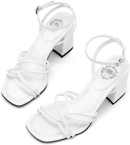 Pasuot Strappy Heels for Women - Open Square Toe Chunky Heeled Sandals Block Heel Ankle Buckle Strap Dress Shoes for Prom Party Wedding Black White Nude Not for Wide Feet in Kuwait