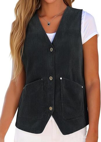 Zontroldy Women's Vintage V Neck Corduroy Vests Sleeveless Button Down Cardigan Outerwear with Pockets in Kuwait