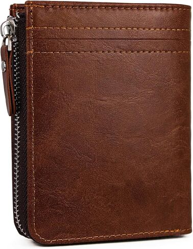 Minimalist Real Leather Wallet for Men with Zipper Card Holder and ID Window RFID Blocking Bifold Wallet (Brown) in Saudi Arabia