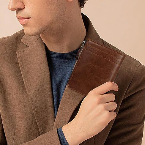 Minimalist Real Leather Wallet for Men with Zipper Card Holder and ID Window RFID Blocking Bifold Wallet (Brown) in Saudi Arabia