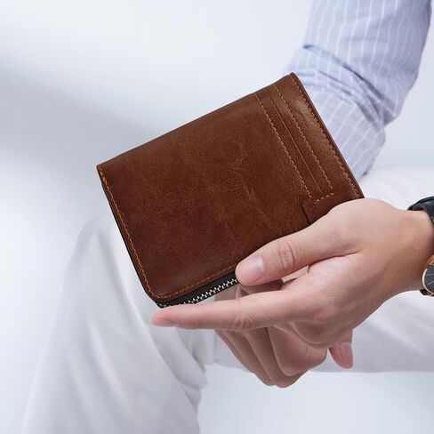 Minimalist Real Leather Wallet for Men with Zipper Card Holder and ID Window RFID Blocking Bifold Wallet (Brown) in Saudi Arabia