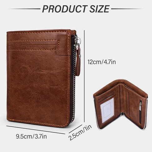 Minimalist Real Leather Wallet for Men with Zipper Card Holder and ID Window RFID Blocking Bifold Wallet (Brown) in Saudi Arabia