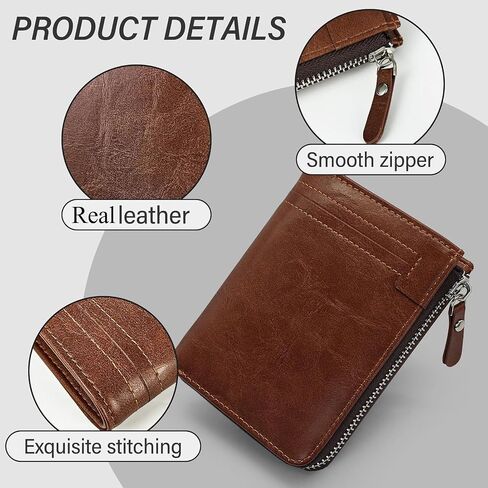 Minimalist Real Leather Wallet for Men with Zipper Card Holder and ID Window RFID Blocking Bifold Wallet (Brown) in Saudi Arabia