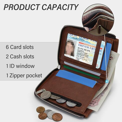 Minimalist Real Leather Wallet for Men with Zipper Card Holder and ID Window RFID Blocking Bifold Wallet (Brown) in Saudi Arabia