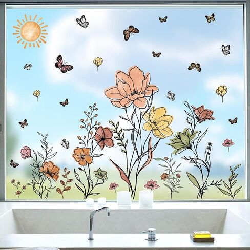 زهور الزهور البرية نافذة شارات بوهو نافذة على الوجهين على الوجهين للنوافذ الزجاجية المضادة للاصطدام شارات لإنقاذ الطيور لتقشير غرفة المعيشة وملصق خط الفراشات in Saudi Arabia