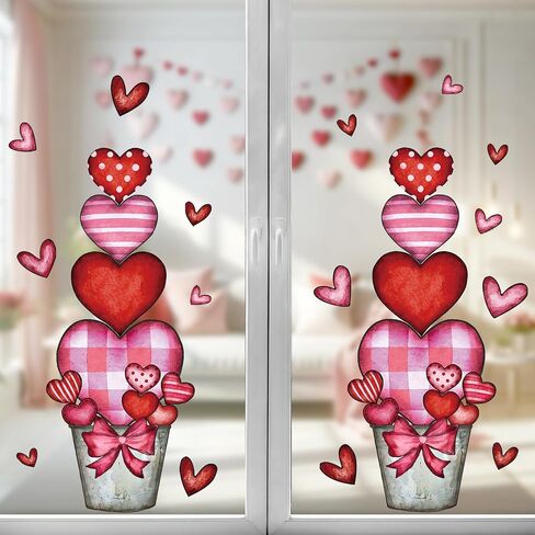 Valentines Day Decorations: 4 Sheets Extra Large Rustic Heart Flower Pot Window Clings, Romantic Red Pink Heart Potted Valentines Decor for Kids, Home, School, Office, Wedding Gifts in Saudi Arabia