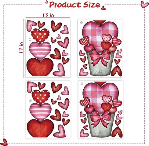 Valentines Day Decorations: 4 Sheets Extra Large Rustic Heart Flower Pot Window Clings, Romantic Red Pink Heart Potted Valentines Decor for Kids, Home, School, Office, Wedding Gifts in Saudi Arabia