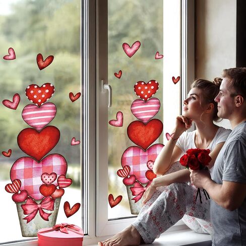 Valentines Day Decorations: 4 Sheets Extra Large Rustic Heart Flower Pot Window Clings, Romantic Red Pink Heart Potted Valentines Decor for Kids, Home, School, Office, Wedding Gifts in Saudi Arabia