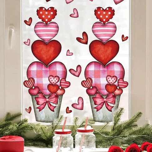 Valentines Day Decorations: 4 Sheets Extra Large Rustic Heart Flower Pot Window Clings, Romantic Red Pink Heart Potted Valentines Decor for Kids, Home, School, Office, Wedding Gifts in Saudi Arabia