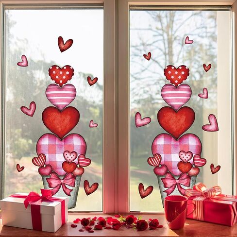 Valentines Day Decorations: 4 Sheets Extra Large Rustic Heart Flower Pot Window Clings, Romantic Red Pink Heart Potted Valentines Decor for Kids, Home, School, Office, Wedding Gifts in Saudi Arabia