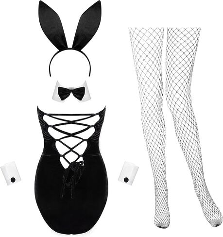 Anime Women Velvet Bunny Costume Bunny Halloween Outfit Girl Suit Stockings Rabbit Ear Headband Bow Tie Cosplay in Saudi Arabia