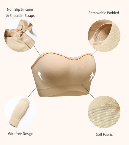 Women's Strapless Bra Non-Slip Silicone Bandeau Removable Pads Wireless Tube Bra with Two Shoulder Straps in Saudi Arabia