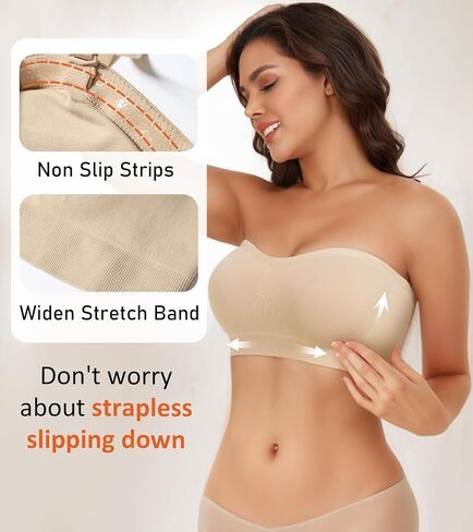 Women's Strapless Bra Non-Slip Silicone Bandeau Removable Pads Wireless Tube Bra with Two Shoulder Straps in Saudi Arabia