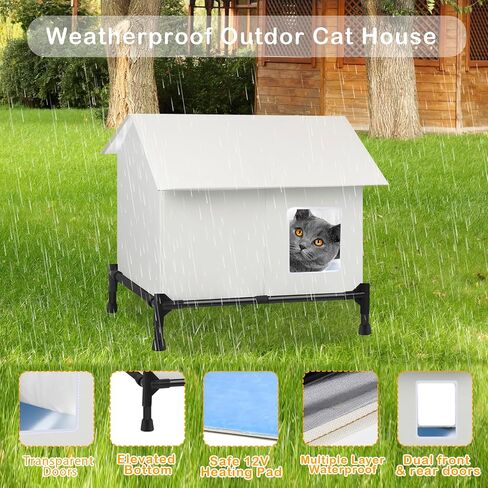 Insulated Outdoor Cat House Weatherproof for Winter w/ 2 Doors, Elevated Bed House for Outdoor Outside Feral Stray Barn Community Cats, Foldable Waterproof Cat Shelter House w/Self-Warming Pad 22x19 in Saudi Arabia