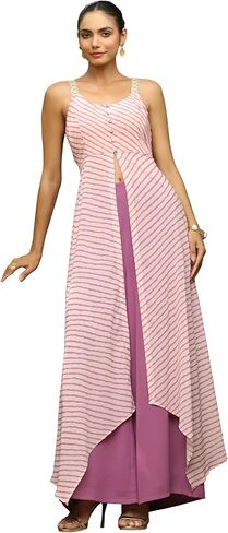 Janasya Indian Women's Kurta Kurti Set for Women Georgette Asymmetric Peach Striped Casual Floor Length Kurta Kurti Set in Kuwait