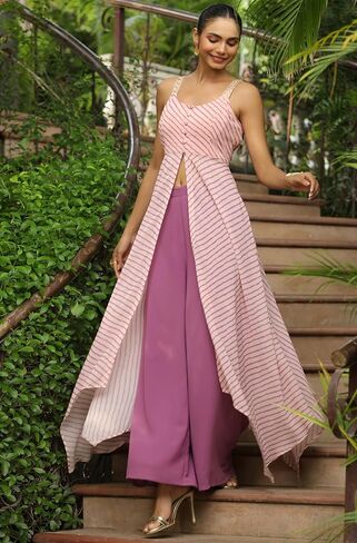 Janasya Indian Women's Kurta Kurti Set for Women Georgette Asymmetric Peach Striped Casual Floor Length Kurta Kurti Set in Kuwait