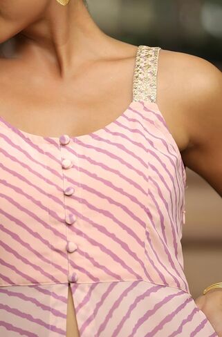 Janasya Indian Women's Kurta Kurti Set for Women Georgette Asymmetric Peach Striped Casual Floor Length Kurta Kurti Set in Kuwait