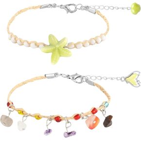 Link Bracelets Set Handmade Woven Raffia Stones Friendship Wrist Chains Summer Ocean Style Purple/Green/Light Blue/Lake Blue, Lobster Clasp & Heart-Shaped Magnetic Clasp in Saudi Arabia