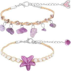 Link Bracelets Set Handmade Woven Raffia Stones Friendship Wrist Chains Summer Ocean Style Purple/Green/Light Blue/Lake Blue, Lobster Clasp & Heart-Shaped Magnetic Clasp in Saudi Arabia