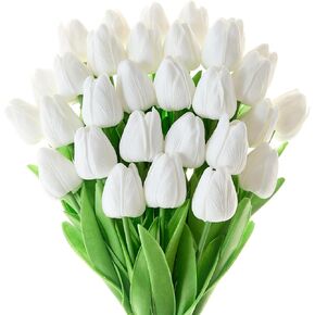 30 Pcs White Tulips Artificial Flowers Fake White Tulips Fake Tulip Flowers Real Touch 13" Silk Flower for Bulk Home Kitchen Wedding Party Valentine's Mother's Decorations(White) in Saudi Arabia