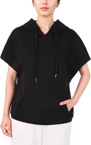 Womens Hoodies Casual Short Sleeve Drawstring Waffle Pullover Tops Loose Sweatshirt with Pocket in Saudi Arabia