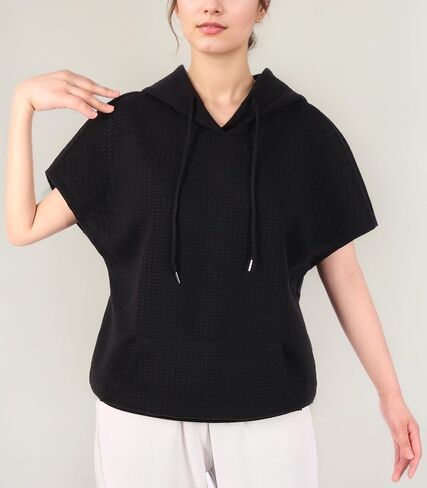 Womens Hoodies Casual Short Sleeve Drawstring Waffle Pullover Tops Loose Sweatshirt with Pocket in Saudi Arabia