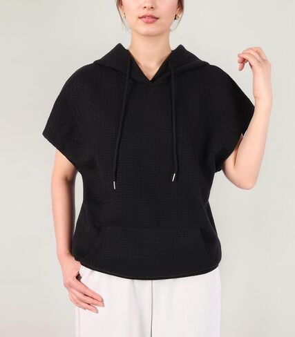 Womens Hoodies Casual Short Sleeve Drawstring Waffle Pullover Tops Loose Sweatshirt with Pocket in Saudi Arabia
