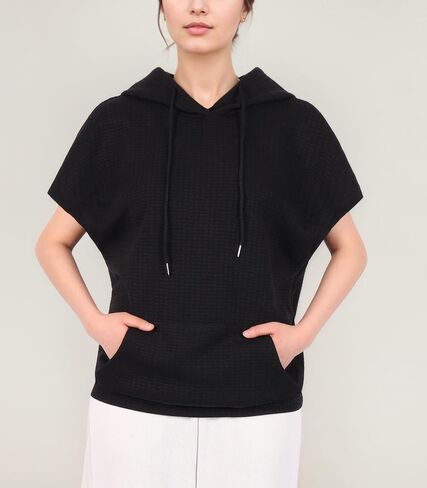 Womens Hoodies Casual Short Sleeve Drawstring Waffle Pullover Tops Loose Sweatshirt with Pocket in Saudi Arabia