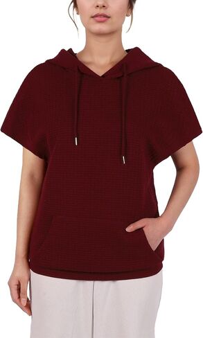 Womens Hoodies Casual Short Sleeve Drawstring Waffle Pullover Tops Loose Sweatshirt with Pocket in Saudi Arabia