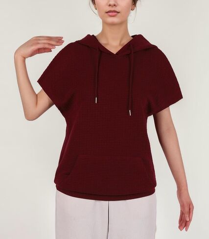 Womens Hoodies Casual Short Sleeve Drawstring Waffle Pullover Tops Loose Sweatshirt with Pocket in Saudi Arabia