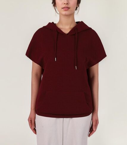 Womens Hoodies Casual Short Sleeve Drawstring Waffle Pullover Tops Loose Sweatshirt with Pocket in Saudi Arabia