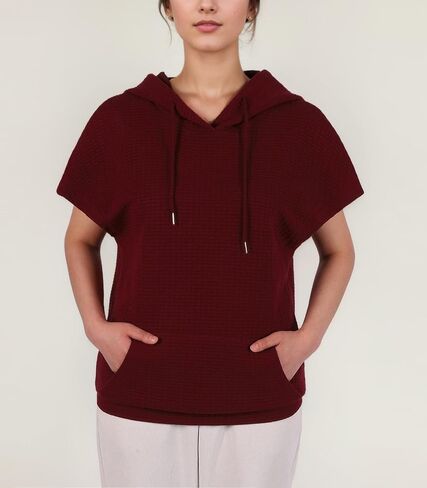 Womens Hoodies Casual Short Sleeve Drawstring Waffle Pullover Tops Loose Sweatshirt with Pocket in Saudi Arabia